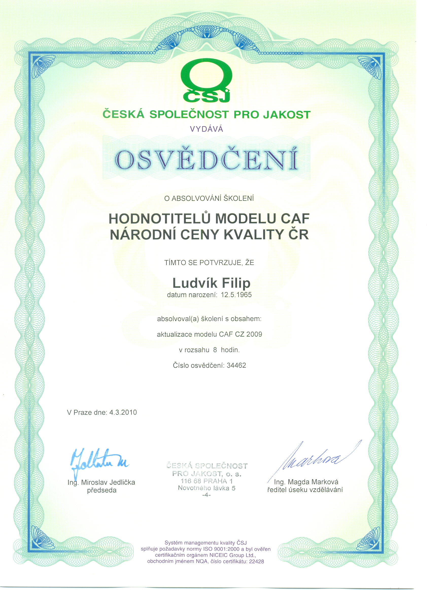 Školení hodnotitelů modelu CAF Národní ceny kvality ČR